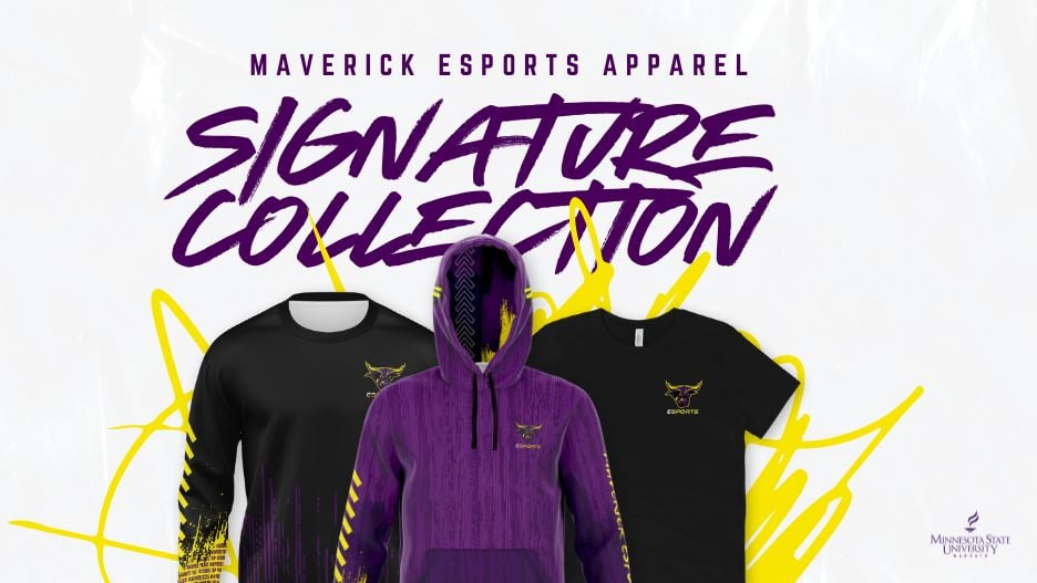 Maverick Esports branded hoodie, tshirt, and sweatshirt graphics. Text that says: "Maverick Esports apparel, signature collection"