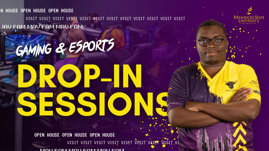 Varsity esports player wearing purple and gold jersey and arms folded. Text that says: "Gaming and esports drop-in sessions"