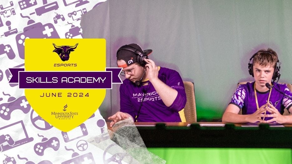 Summer camp student and a Maverick Esports caster sitting in the caster booth in front of a green screen with headphones on. Skills Academy badge with Maverick Esports and Minnesota State Mankato logos.