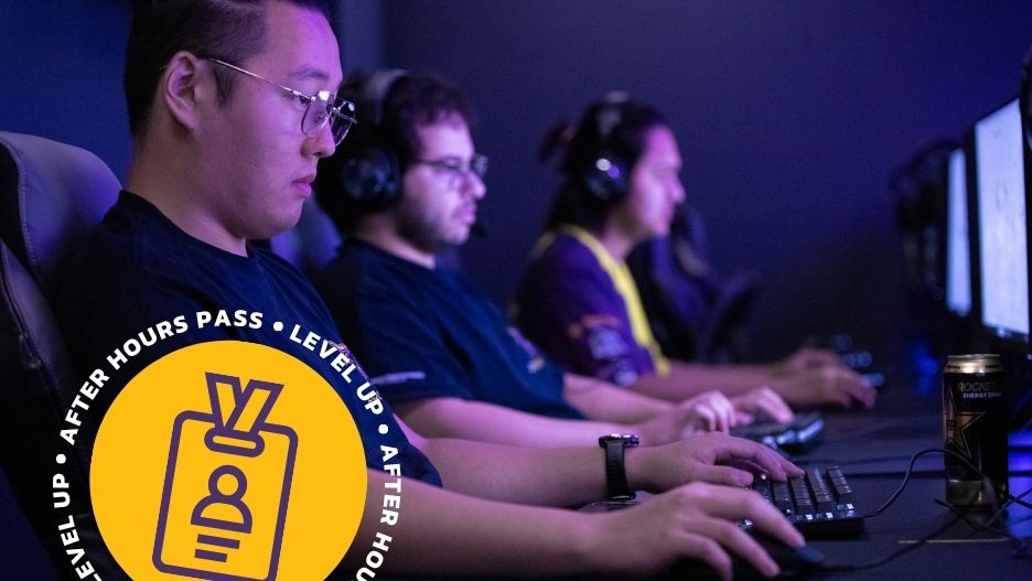 Three students gaming on PCs in the esports facility. In the corner of the photo is a graphic indicating an After Hours Pass.