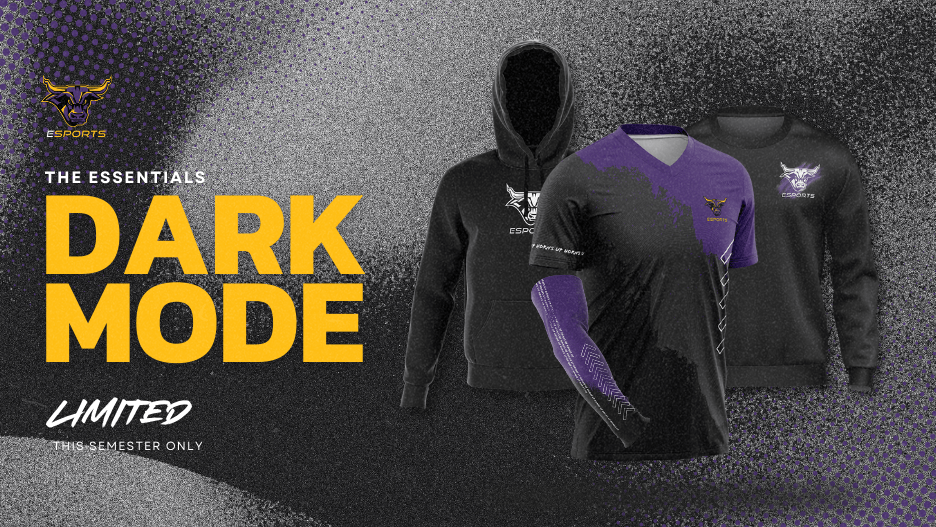 A black hoodie and crewneck sweatshirt, purple and black jersey, and purple and black gaming sleeve