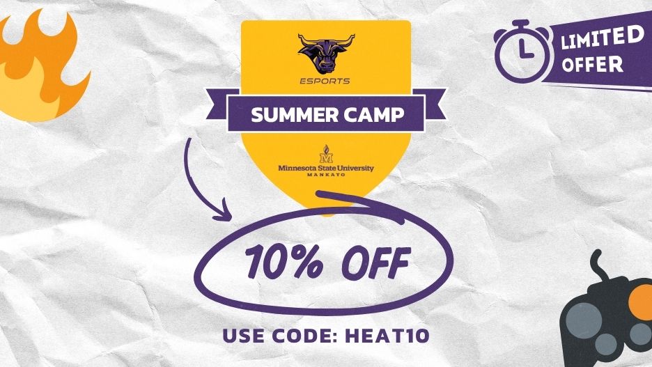 Maverick Esports Summer Camp graphic with fire and game controller icons, advertising a limited time offer for 10% off camp registration with code "HEAT10"