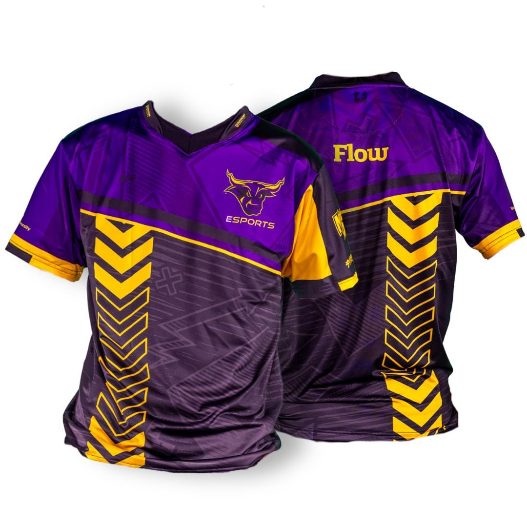 Purple and gold athletic jersey with Mavericks bull head logo and text that says Esports on the front and custom name field on the back.