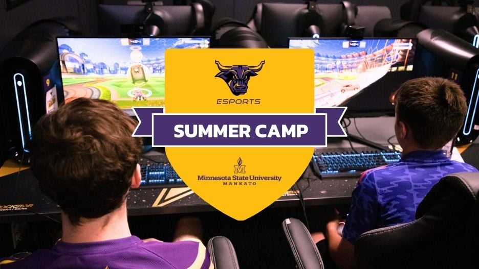 A college gamer and summer camp student playing Rocket League on computers. The Maverick Esports Summer Camp logo is in the corner.