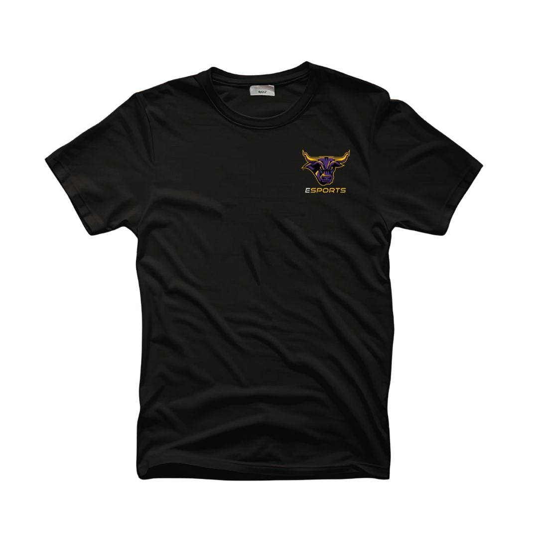Black t-shirt with Mavericks bull head logo and text that says Esports on the top left corner