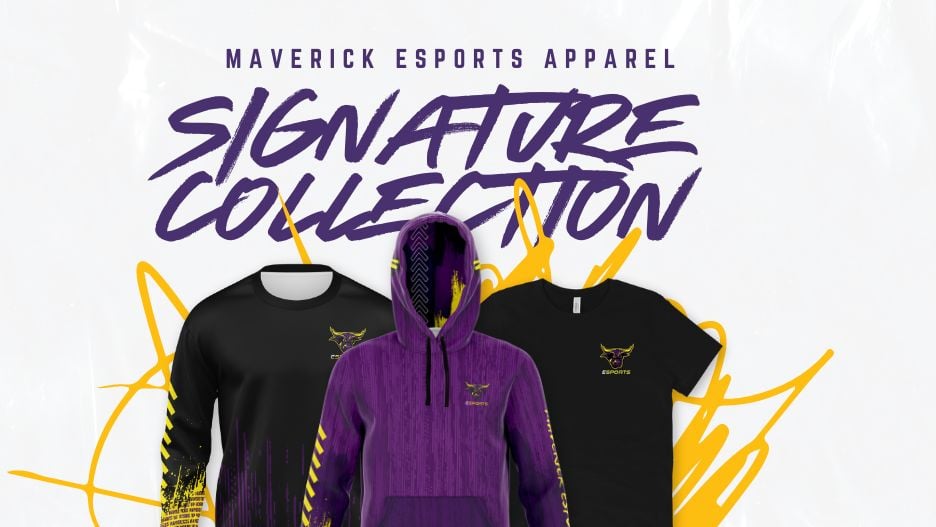 Maverick Esports branded hoodie, tshirt, and sweatshirt graphics. Text that says: "Maverick Esports apparel, signature collection"