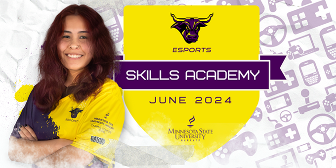 The June 2024 Esports Skills Academy flyer with an Esports player folding her arms smiling with the Minnesota State University, Mankato logo and graphics of gaming devices in the background