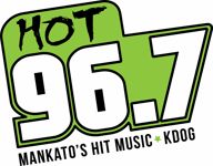 Hot 96.7 Mankato's Hit Music KDOG logo with black text, 96.7 in white and a light green shaped background