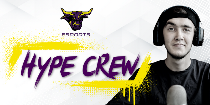 Student wearing headphones and using a microphone. Maverick Esports logo and text that says: "Hype Crew"