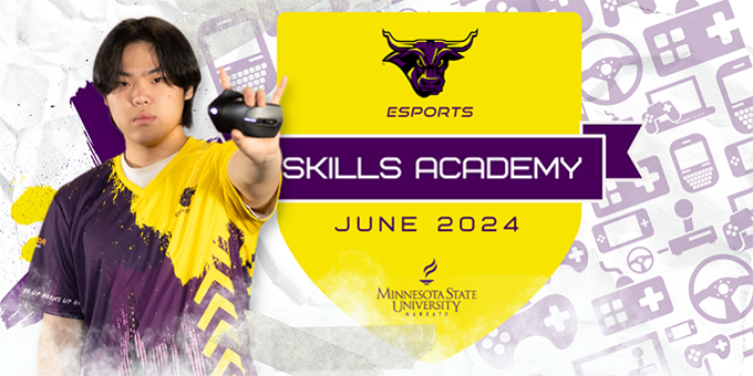 The June 2024 Esports Skills Academy flyer with an Esports player holding up a mouse in his right hand with the Minnesota State University, Mankato logo and graphics of gaming devices in the background