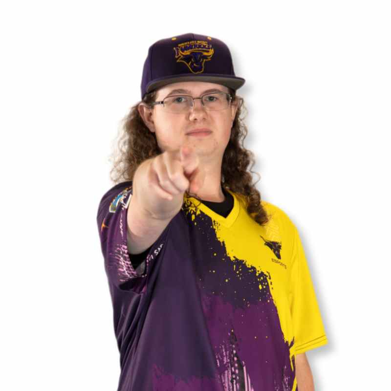 Student wearing gold and purple jersey