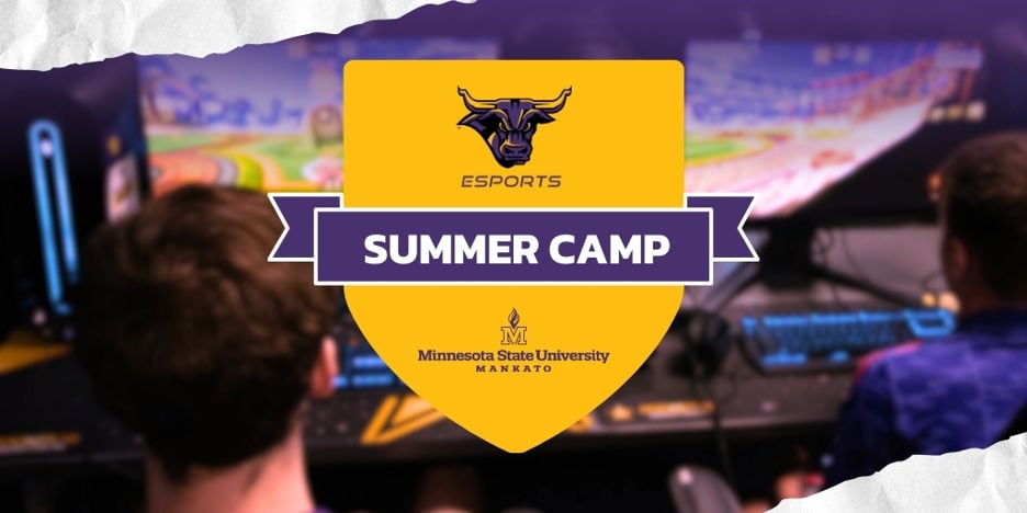 The Minnesota State University, Mankato Esports Summer Camp 2025 registration header with Esports players in the background playing at the Esports studio