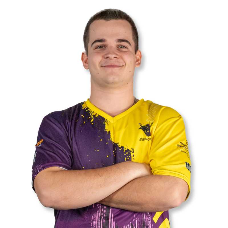 Student wearing gold and purple jersey