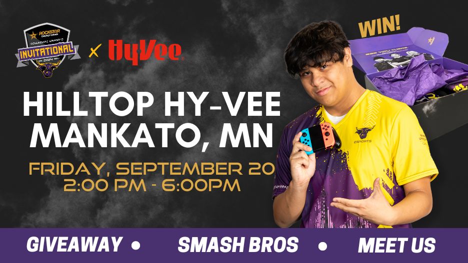 Student varsity player holding a controller and smiling. Hy-Vee logo. Text that says: Hilltop Hy-Vee, Mankato, MN, Friday September 20 at 2pm-6pm, giveaway, super smash bros, meet us