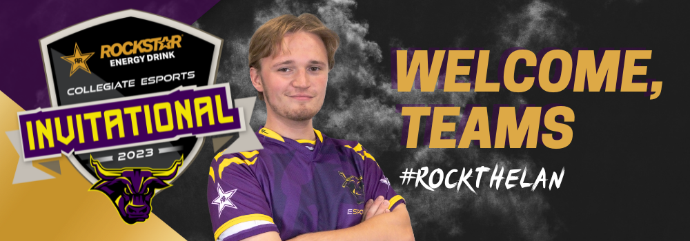 Varsity student wearing a purple jersey. Badge with Rockstar Energy logo and Maverick Esports logo. Text that says: "Welcome, teams #RockTheLAN"