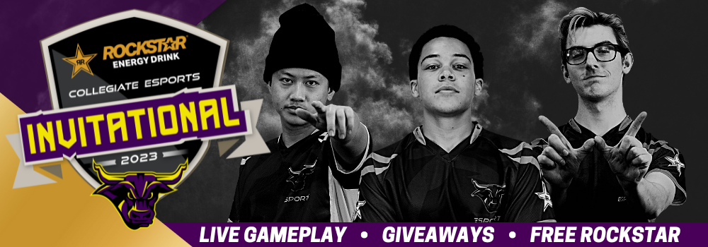 Three varsity players looking fierce at the camera and wearing Maverick Esports jerseys. Badge with Rockstar Energy logo and Maverick Esports logo. Text that says: "Collegiate Esports Invitational 2023, live gameplay, giveaways, free Rockstar"