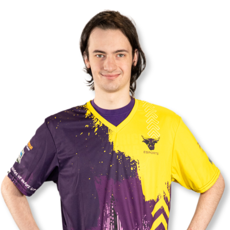 Student wearing gold and purple jersey