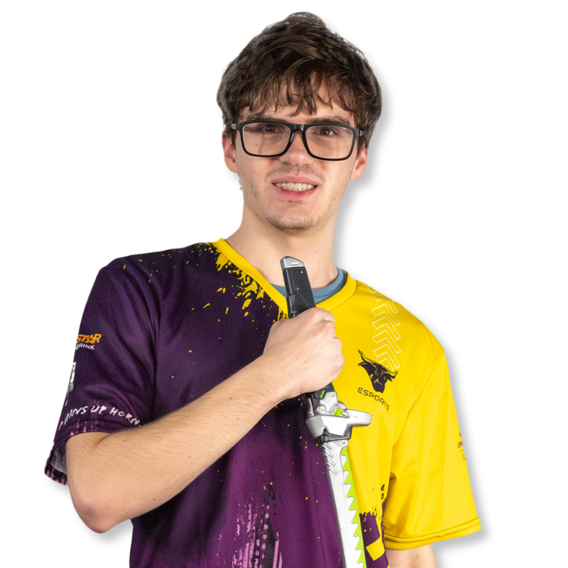 Student wearing gold and purple jersey holding a sword