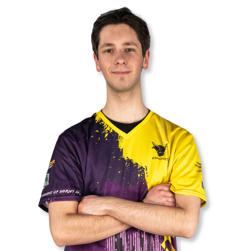 Student wearing gold and purple jersey