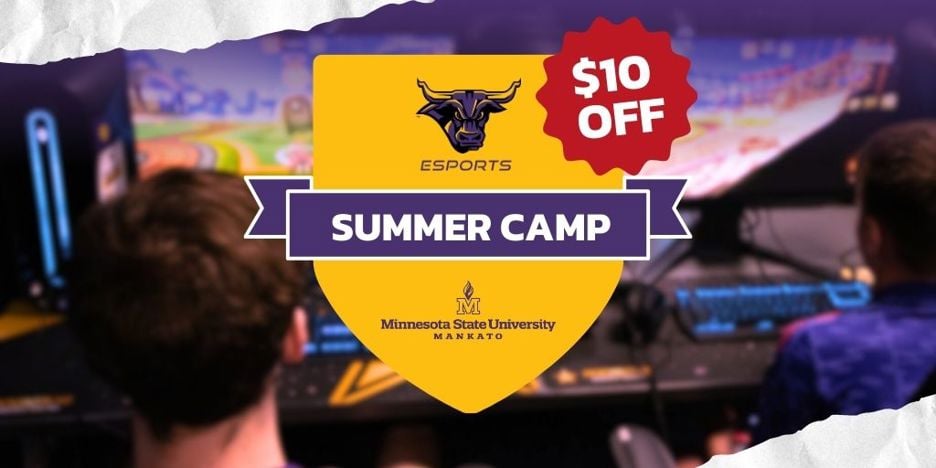 The Minnesota State University, Mankato Esports Summer Camp 2025 registration discounted header with Esports players in the background playing at the Esports studio