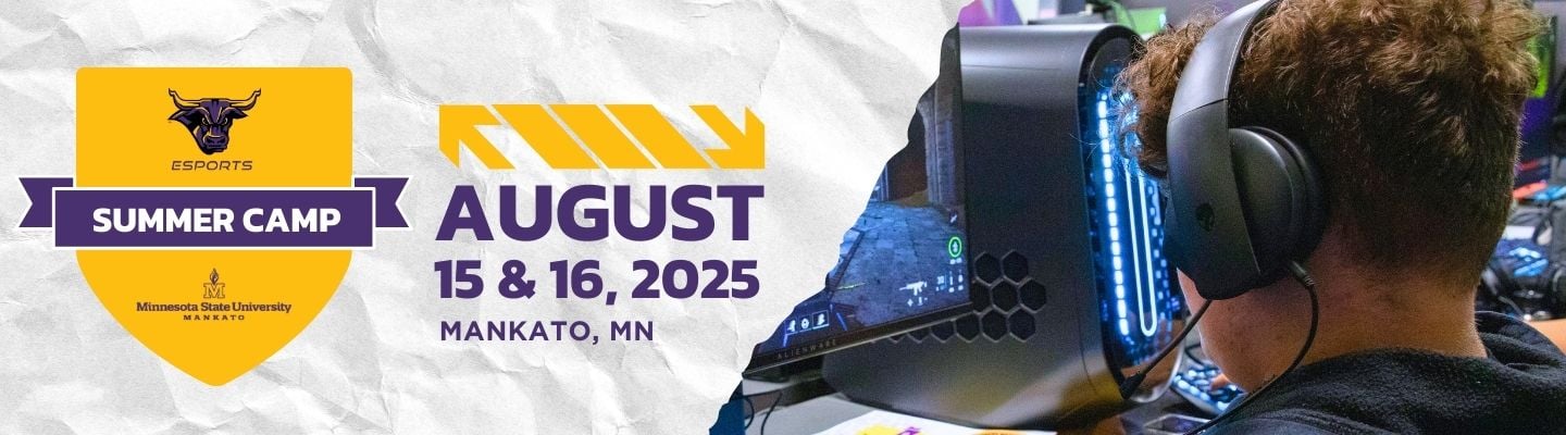 Esports Summer Camp badge with a photo of a student gaming on a PC. Text that says: "esports summer camp, August 15 and 16, 2025. Mankato, MN"