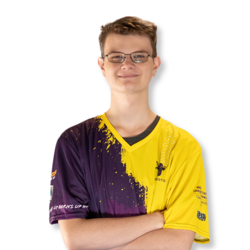 Student wearing gold and purple jersey